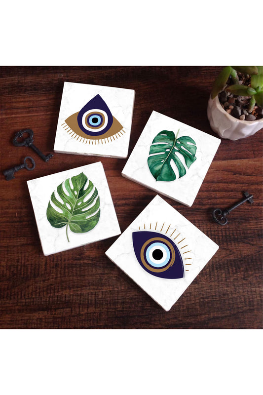 Pinecone Nazar, Yaprak Taş Bardak Altlığı Seti - 4 Parça - Dekoratif, Rustik Mutfak Aksesuarı, 10x10 cm, Kaydırmaz Tabanlı, Şık ve Dayanıklı SC419