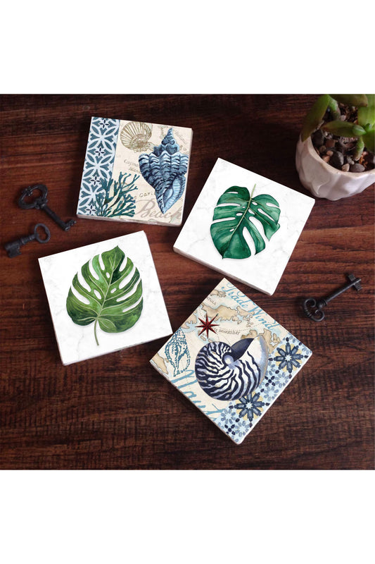Pinecone Deniz Kabuğu, Yaprak Taş Bardak Altlığı Seti - 4 Parça - Dekoratif, Rustik Mutfak Aksesuarı, 10x10 cm, Kaydırmaz Tabanlı, Şık ve Dayanıklı SC422
