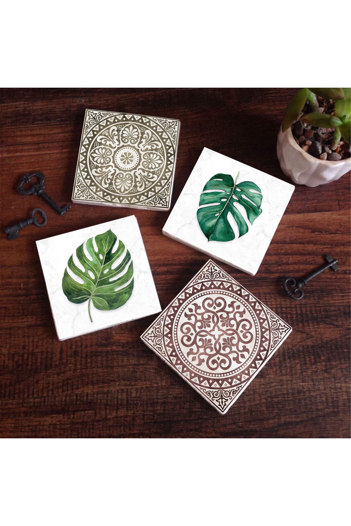 Pinecone Etnik Desen, Yaprak Taş Bardak Altlığı Seti - 4 Parça - Dekoratif, Rustik Mutfak Aksesuarı, 10x10 cm, Kaydırmaz Tabanlı, Şık ve Dayanıklı SC423
