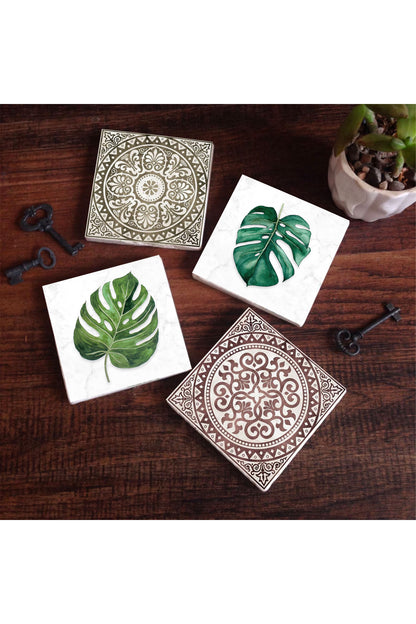 Pinecone Etnik Desen, Yaprak Taş Bardak Altlığı Seti - 4 Parça - Dekoratif, Rustik Mutfak Aksesuarı, 10x10 cm, Kaydırmaz Tabanlı, Şık ve Dayanıklı SC423