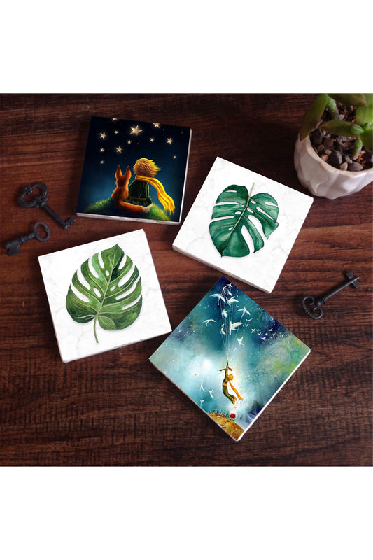 Pinecone Küçük Prens, Yaprak Taş Bardak Altlığı Seti - 4 Parça - Dekoratif, Rustik Mutfak Aksesuarı, 10x10 cm, Kaydırmaz Tabanlı, Şık ve Dayanıklı SC424