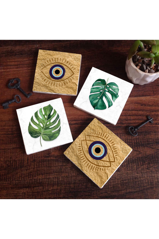 Pinecone Nazar, Yaprak Taş Bardak Altlığı Seti - 4 Parça - Dekoratif, Rustik Mutfak Aksesuarı, 10x10 cm, Kaydırmaz Tabanlı, Şık ve Dayanıklı SC425