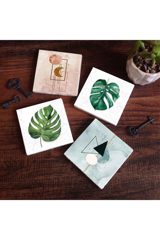 Pinecone Minimalist Soyut, Yaprak Taş Bardak Altlığı Seti - 4 Parça - Dekoratif, Rustik Mutfak Aksesuarı, 10x10 cm, Kaydırmaz Tabanlı, Şık ve Dayanıklı SC426