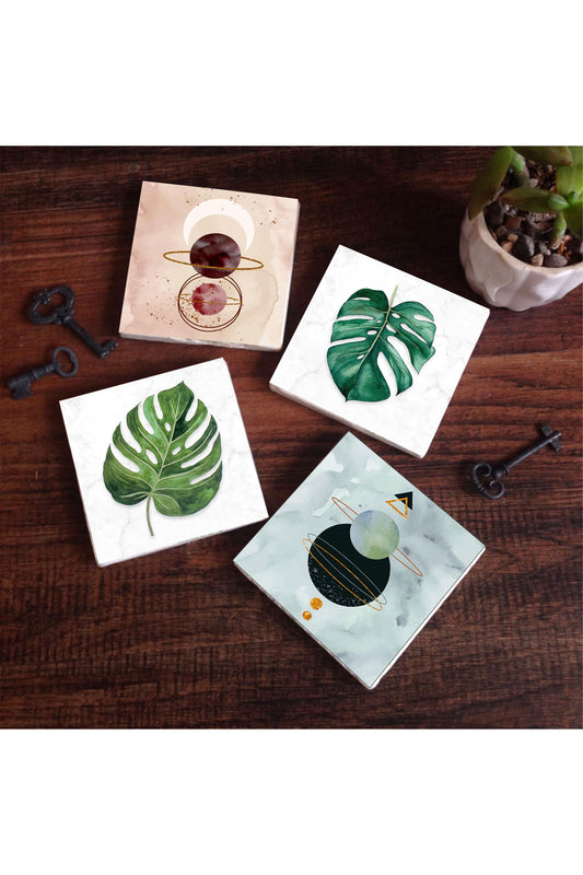 Pinecone Minimalist Soyut, Yaprak Taş Bardak Altlığı Seti - 4 Parça - Dekoratif, Rustik Mutfak Aksesuarı, 10x10 cm, Kaydırmaz Tabanlı, Şık ve Dayanıklı SC427