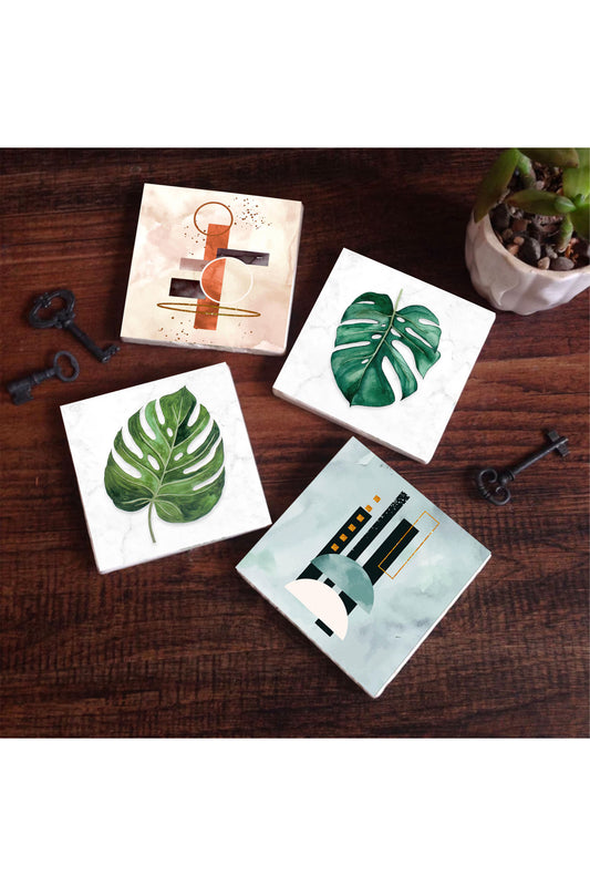 Pinecone Minimalist Soyut, Yaprak Taş Bardak Altlığı Seti - 4 Parça - Dekoratif, Rustik Mutfak Aksesuarı, 10x10 cm, Kaydırmaz Tabanlı, Şık ve Dayanıklı SC428