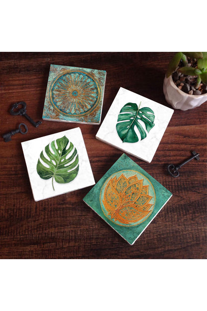 Pinecone Yaprak, Lotus Çiçeği, Yaşam Çiçeği Taş Bardak Altlığı Seti - 4 Parça - Dekoratif, Rustik Mutfak Aksesuarı, 10x10 cm, Kaydırmaz Tabanlı, Şık ve Dayanıklı SC429