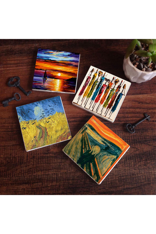 Pinecone Van Gogh Buğday Tarlası ve Kargalar, Çığlık, Yerli Kadınlar, Deniz Manzarası Taş Bardak Altlığı Seti - 4 Parça - Dekoratif, Rustik Mutfak Aksesuarı, 10x10 cm, Kaydırmaz TabanlıSC439