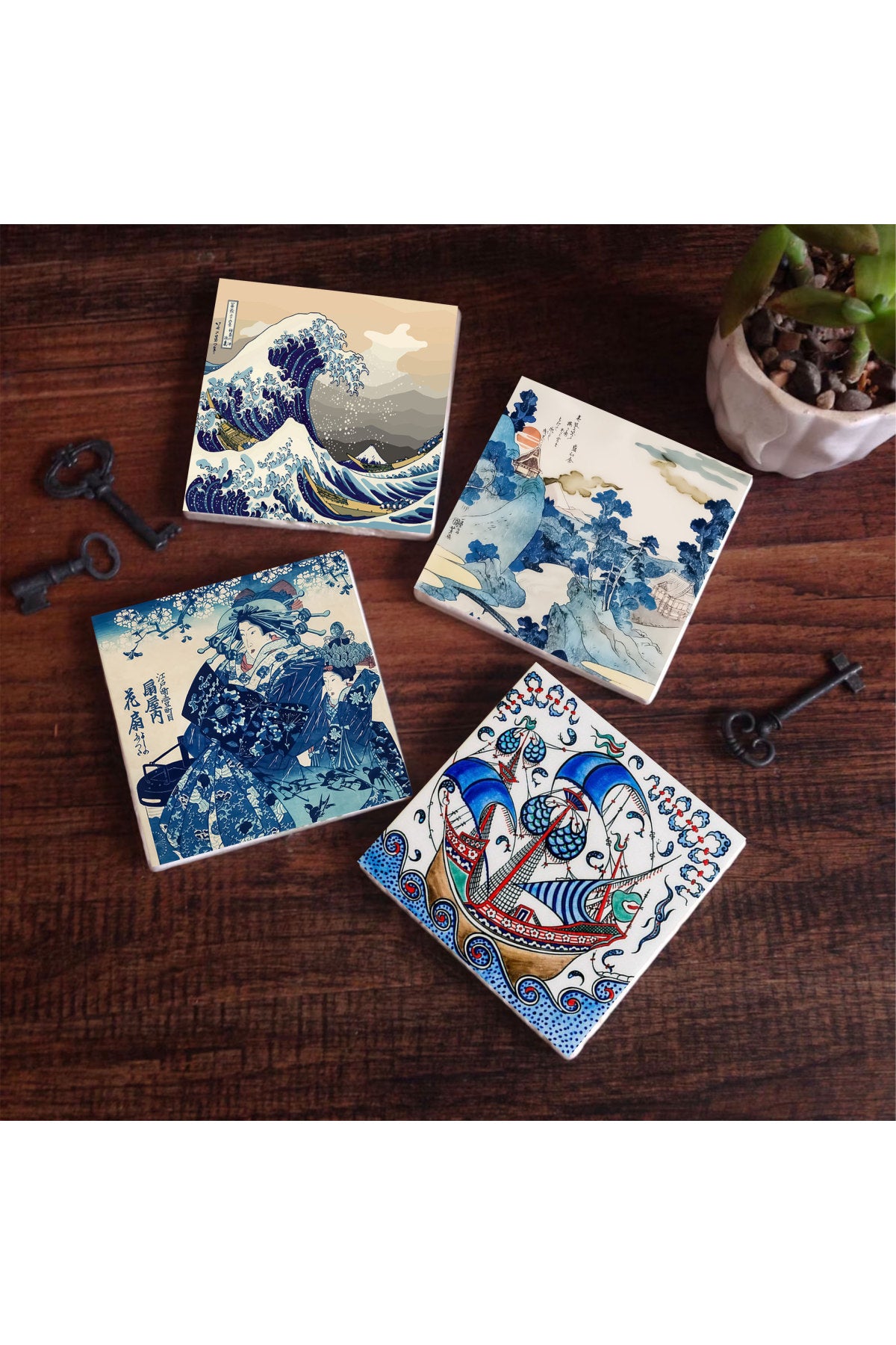 Pinecone Japon Sanatı, Fuji Dağı, Büyük Dalga, Çini Sanatı Yelkenli Gemi Taş Bardak Altlığı Seti - 4 Parça - Dekoratif, Rustik Mutfak Aksesuarı, 10x10 cm, Kaydırmaz Tabanlı, Şık ve Dayanıklı SC445