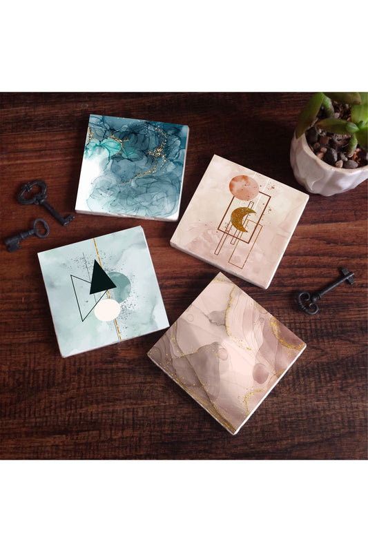 Pinecone Minimalist, Soyut Sanat Taş Bardak Altlığı Seti - 4 Parça - Dekoratif, Rustik Mutfak Aksesuarı, 10x10 cm, Kaydırmaz Tabanlı, Şık ve Dayanıklı SC450