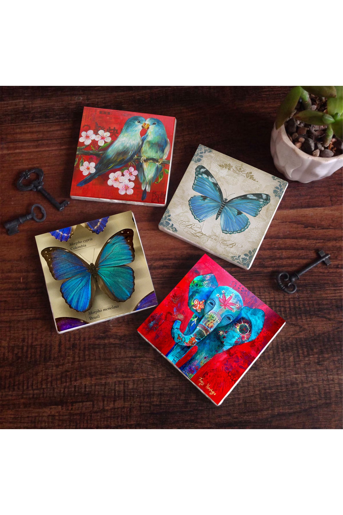 Pinecone Kelebek, Fil, Kuş Taş Bardak Altlığı Seti - 4 Parça - Dekoratif, Rustik Mutfak Aksesuarı, 10x10 cm, Kaydırmaz Tabanlı, Şık ve Dayanıklı SC451