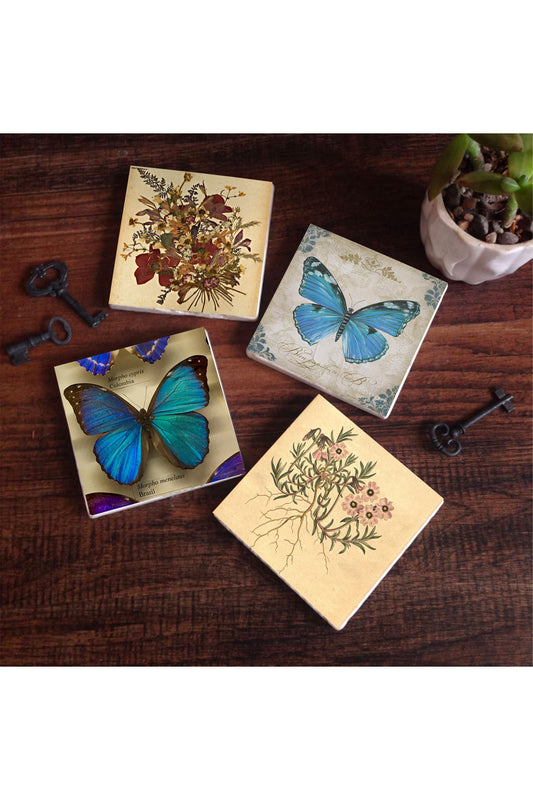 Pinecone Vintage Çiçek, Kelebek Taş Bardak Altlığı Seti - 4 Parça - Dekoratif, Rustik Mutfak Aksesuarı, 10x10 cm, Kaydırmaz Tabanlı, Şık ve Dayanıklı SC452