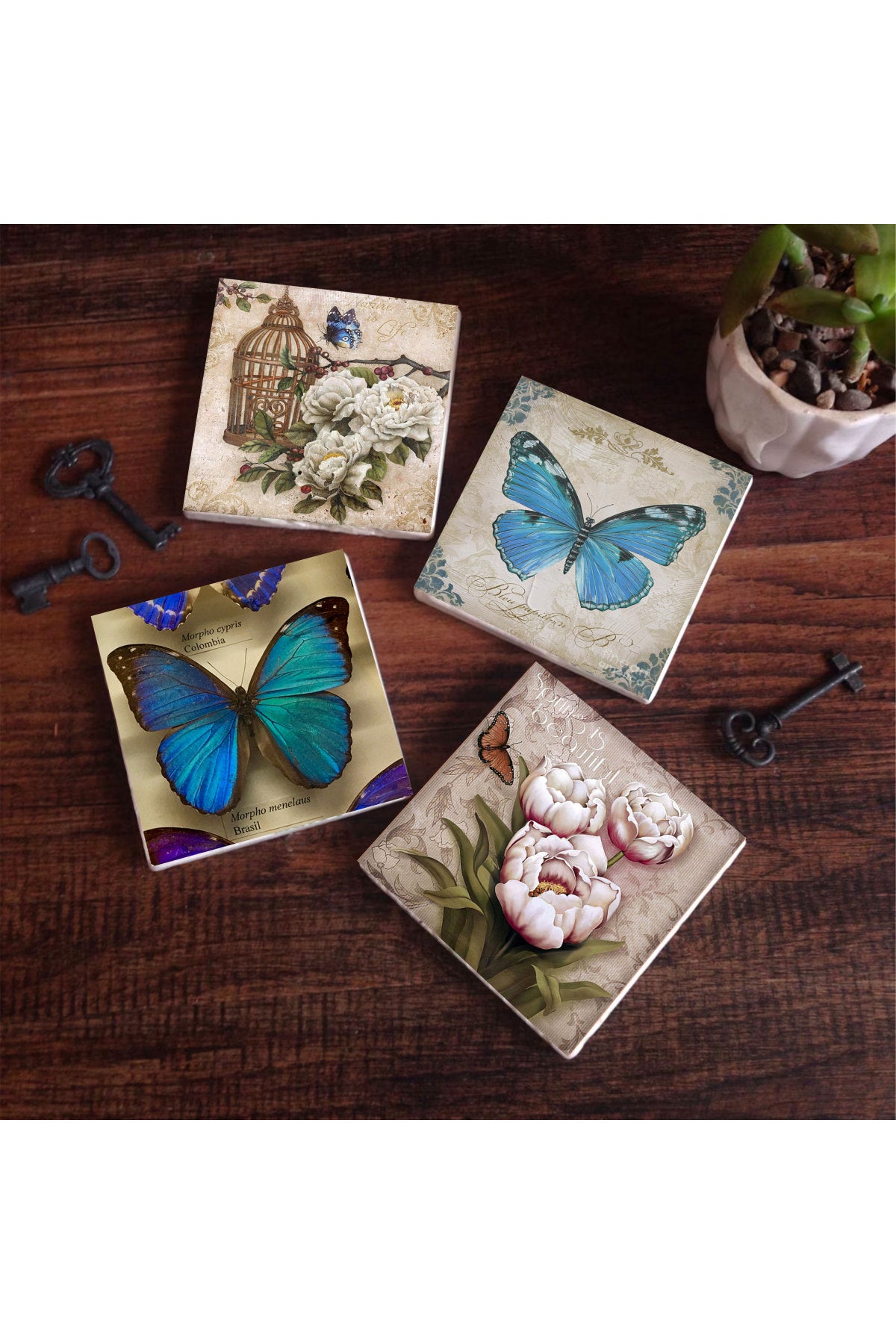 Pinecone Kelebek Taş Bardak Altlığı Seti - 4 Parça - Dekoratif, Rustik Mutfak Aksesuarı, 10x10 cm, Kaydırmaz Tabanlı, Şık ve Dayanıklı SC453