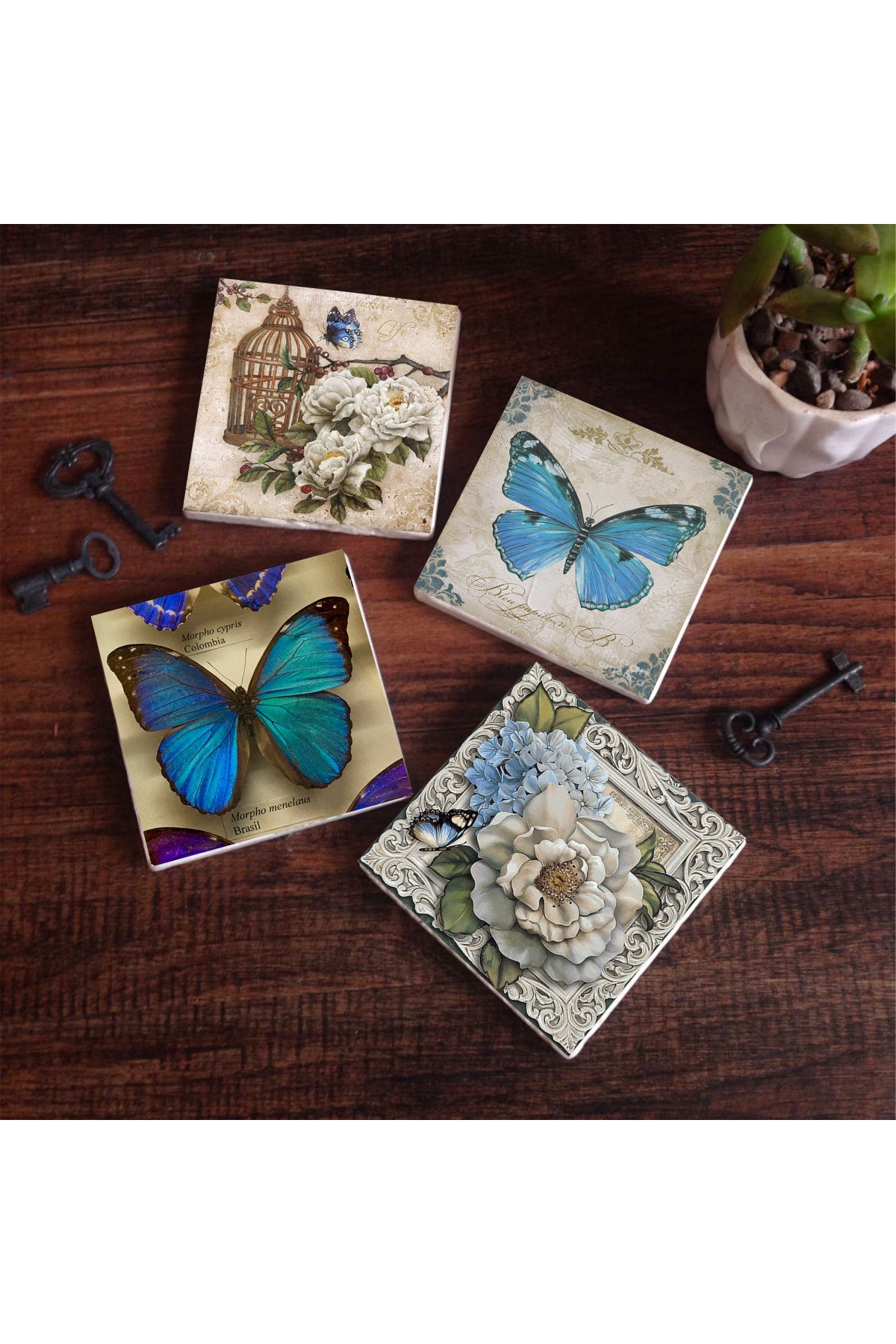 Pinecone Kelebek Taş Bardak Altlığı Seti - 4 Parça - Dekoratif, Rustik Mutfak Aksesuarı, 10x10 cm, Kaydırmaz Tabanlı, Şık ve Dayanıklı SC454