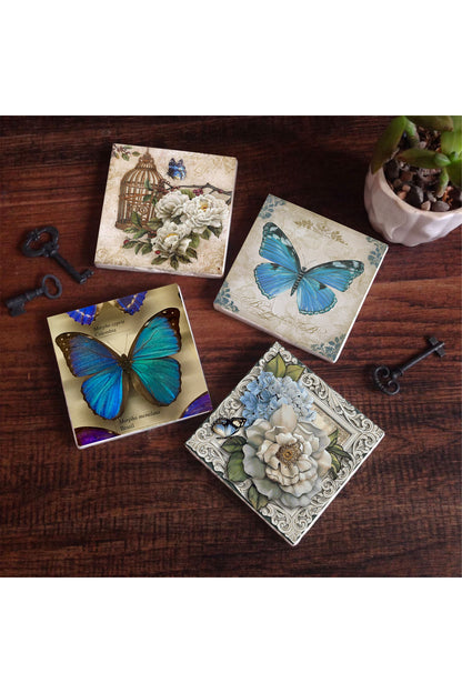 Pinecone Kelebek Taş Bardak Altlığı Seti - 4 Parça - Dekoratif, Rustik Mutfak Aksesuarı, 10x10 cm, Kaydırmaz Tabanlı, Şık ve Dayanıklı SC454