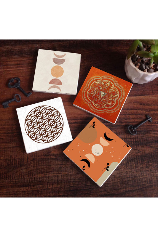 Pinecone Bohem, Minimalist Soyut, Yaşam Çiçeği, Sri Yantra Taş Bardak Altlığı Seti - 4 Parça - Dekoratif, Rustik Mutfak Aksesuarı, 10x10 cm, Kaydırmaz Tabanlı, Şık ve Dayanıklı SC457