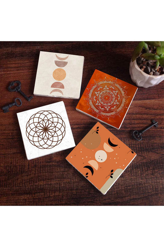 Pinecone Bohem, Minimalist Soyut, Yaşam Çiçeği, Mandala Taş Bardak Altlığı Seti - 4 Parça - Dekoratif, Rustik Mutfak Aksesuarı, 10x10 cm, Kaydırmaz Tabanlı, Şık ve Dayanıklı SC459
