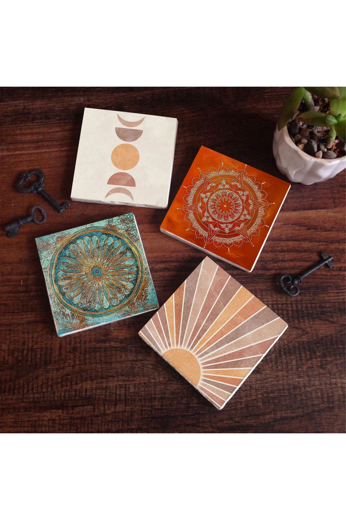 Pinecone Minimalist Soyut, Yaşam Çiçeği, Mandala Taş Bardak Altlığı Seti - 4 Parça - Dekoratif, Rustik Mutfak Aksesuarı, 10x10 cm, Kaydırmaz Tabanlı, Şık ve Dayanıklı SC460