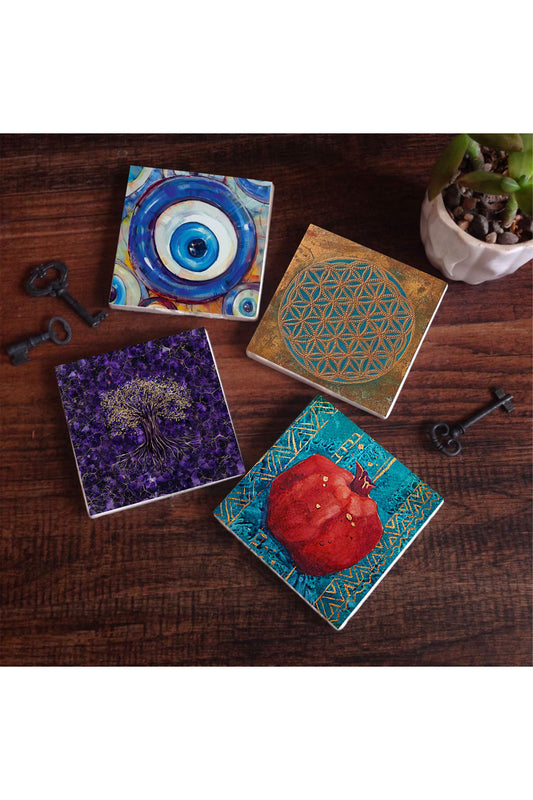 Pinecone Nazar, Yaşam Çiçeği, Hayat Ağacı, Nar Taş Bardak Altlığı Seti - 4 Parça - Dekoratif, Rustik Mutfak Aksesuarı, 10x10 cm, Kaydırmaz Tabanlı, Şık ve Dayanıklı SC464