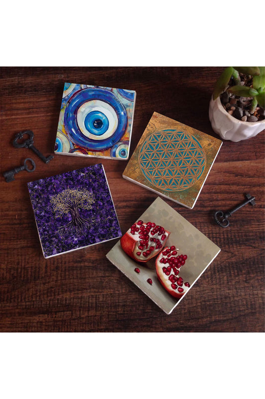 Pinecone Nazar, Yaşam Çiçeği, Hayat Ağacı, Nar Taş Bardak Altlığı Seti - 4 Parça - Dekoratif, Rustik Mutfak Aksesuarı, 10x10 cm, Kaydırmaz Tabanlı, Şık ve Dayanıklı SC465