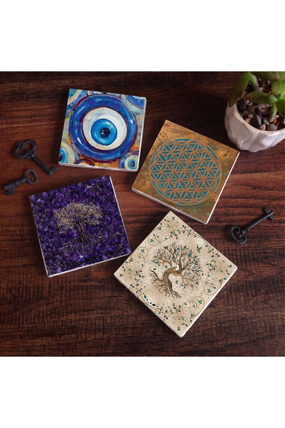 Pinecone Nazar, Yaşam Çiçeği, Hayat Ağacı Taş Bardak Altlığı Seti - 4 Parça - Dekoratif, Rustik Mutfak Aksesuarı, 10x10 cm, Kaydırmaz Tabanlı, Şık ve Dayanıklı SC466