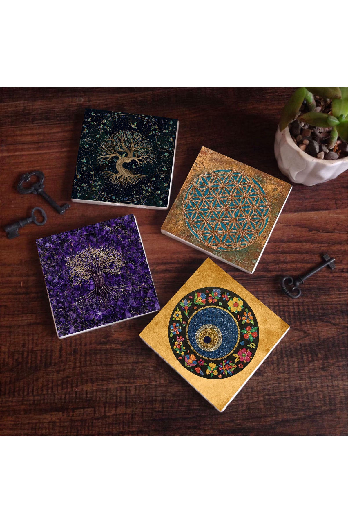 Pinecone Yaşam Çiçeği, Hayat Ağacı, Nazar Boncuğu Taş Bardak Altlığı Seti - 4 Parça - Dekoratif, Rustik Mutfak Aksesuarı, 10x10 cm, Kaydırmaz Tabanlı, Şık ve Dayanıklı SC468