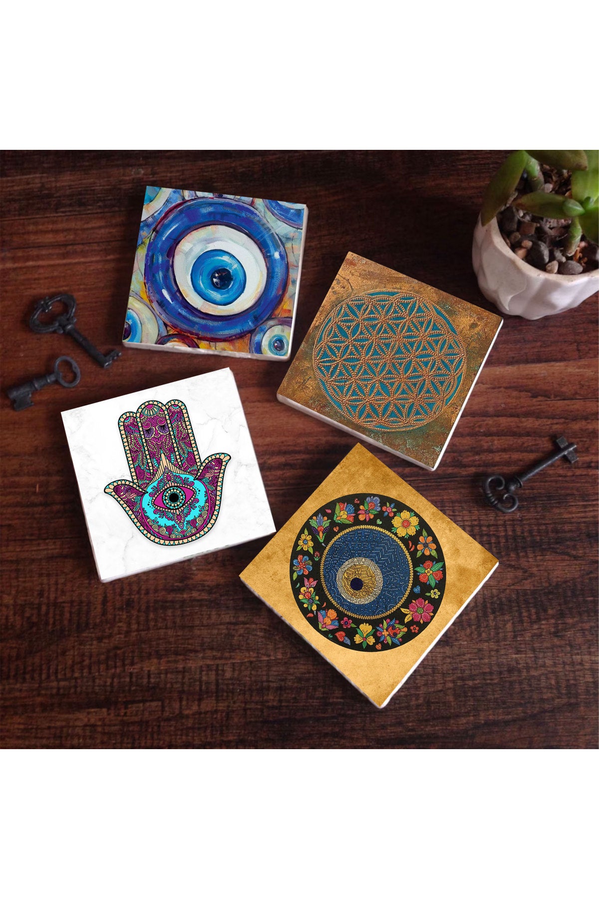 Pinecone Nazar, Yaşam Çiçeği, Fatma Ana Eli (Hamsa) Taş Bardak Altlığı Seti - 4 Parça - Dekoratif, Rustik Mutfak Aksesuarı, 10x10 cm, Kaydırmaz Tabanlı, Şık ve Dayanıklı SC470
