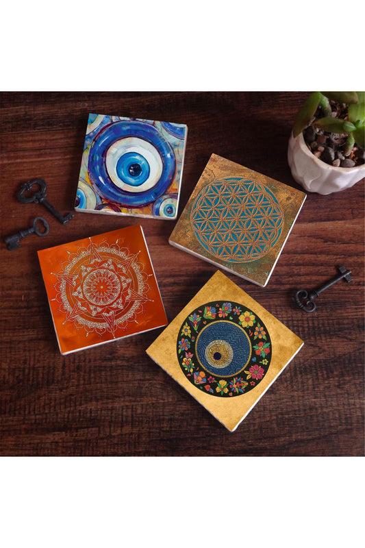 Pinecone Nazar, Yaşam Çiçeği, Mandala Taş Bardak Altlığı Seti - 4 Parça - Dekoratif, Rustik Mutfak Aksesuarı, 10x10 cm, Kaydırmaz Tabanlı, Şık ve Dayanıklı SC471