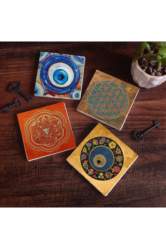 Pinecone Nazar, Yaşam Çiçeği, Sri Yantra Taş Bardak Altlığı Seti - 4 Parça - Dekoratif, Rustik Mutfak Aksesuarı, 10x10 cm, Kaydırmaz Tabanlı, Şık ve Dayanıklı SC472