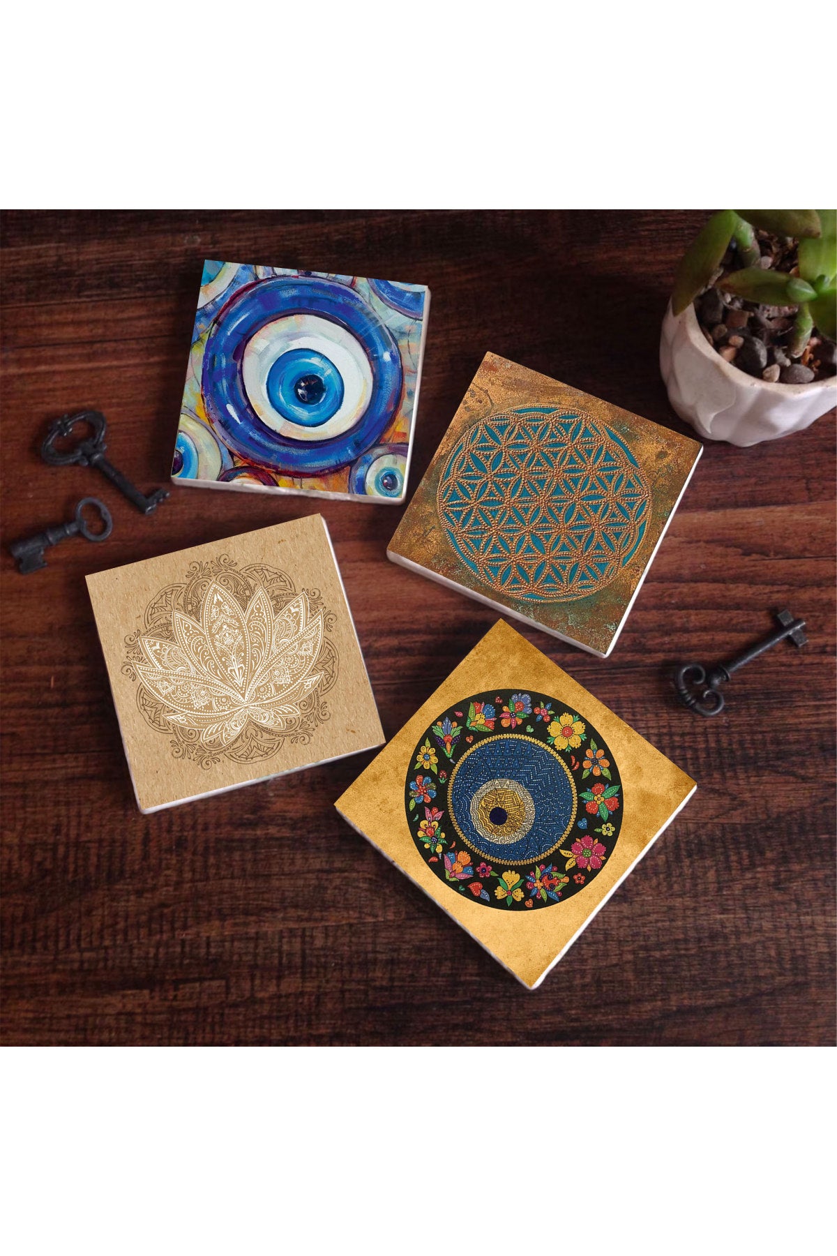 Pinecone Nazar, Yaşam Çiçeği, Lotus Çiçeği Taş Bardak Altlığı Seti - 4 Parça - Dekoratif, Rustik Mutfak Aksesuarı, 10x10 cm, Kaydırmaz Tabanlı, Şık ve Dayanıklı SC473