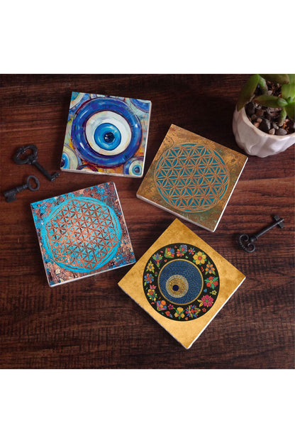 Pinecone Nazar, Yaşam Çiçeği Taş Bardak Altlığı Seti - 4 Parça - Dekoratif, Rustik Mutfak Aksesuarı, 10x10 cm, Kaydırmaz Tabanlı, Şık ve Dayanıklı SC474