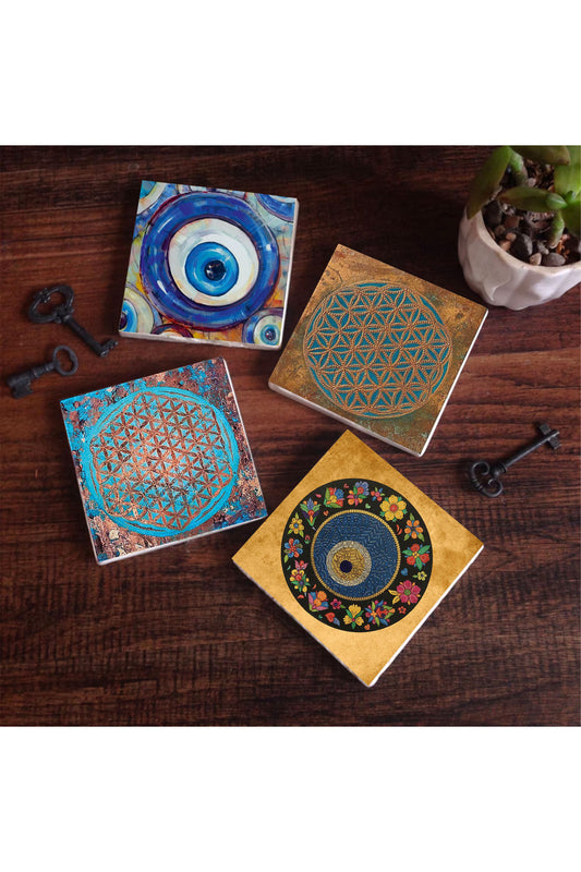 Pinecone Nazar, Yaşam Çiçeği Taş Bardak Altlığı Seti - 4 Parça - Dekoratif, Rustik Mutfak Aksesuarı, 10x10 cm, Kaydırmaz Tabanlı, Şık ve Dayanıklı SC474