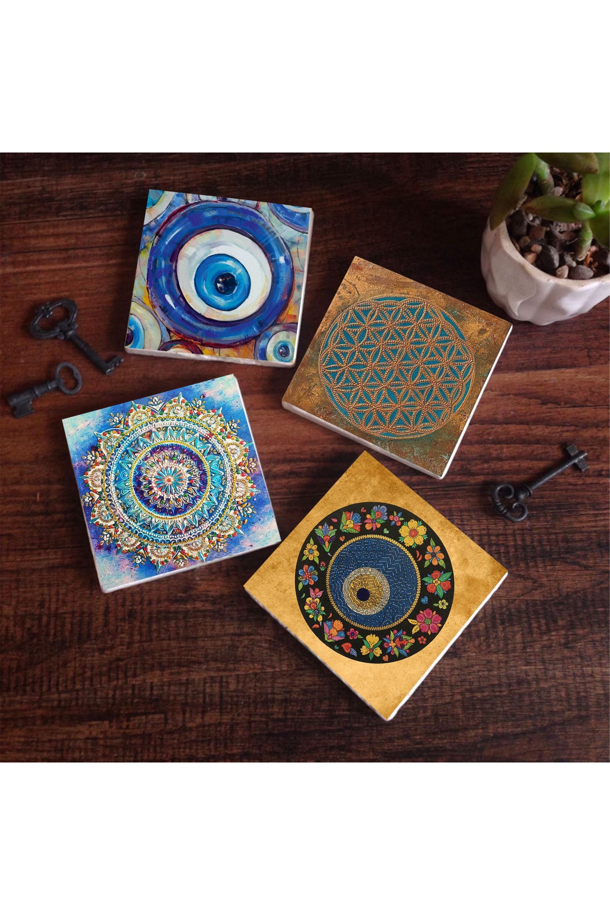 Pinecone Nazar, Yaşam Çiçeği, Mandala Taş Bardak Altlığı Seti - 4 Parça - Dekoratif, Rustik Mutfak Aksesuarı, 10x10 cm, Kaydırmaz Tabanlı, Şık ve Dayanıklı SC478