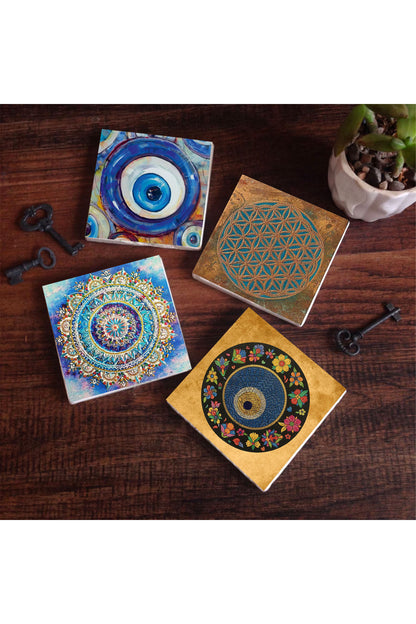 Pinecone Nazar, Yaşam Çiçeği, Mandala Taş Bardak Altlığı Seti - 4 Parça - Dekoratif, Rustik Mutfak Aksesuarı, 10x10 cm, Kaydırmaz Tabanlı, Şık ve Dayanıklı SC478