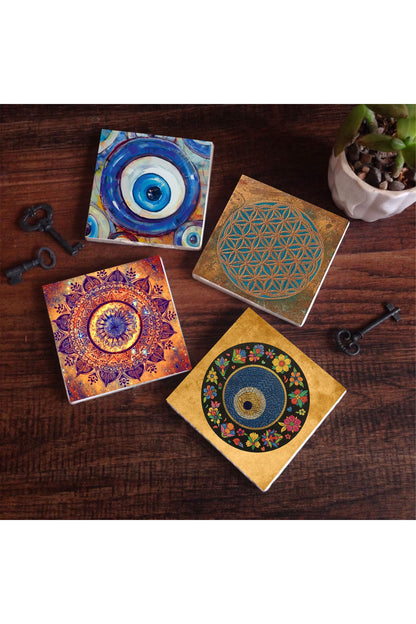Pinecone Nazar, Yaşam Çiçeği, Mandala Taş Bardak Altlığı Seti - 4 Parça - Dekoratif, Rustik Mutfak Aksesuarı, 10x10 cm, Kaydırmaz Tabanlı, Şık ve Dayanıklı SC479