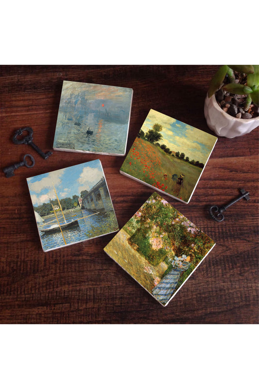 Pinecone Claude Monet Bahçede, Argenteuil'de Köprü, Gelincikler, İzlenim Gün Doğumu Taş Bardak Altlığı Seti - 4 Parça - Dekoratif, Rustik Mutfak Aksesuarı, 10x10 cm, Kaydırmaz TabanlıSC480