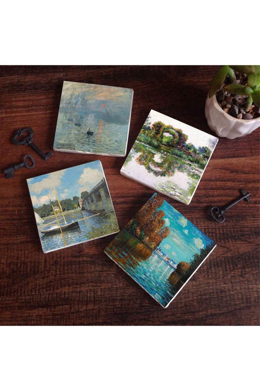 Pinecone Claude Monet Sonbahar, Gül Çiçekli Kemer, Argenteuil'de Köprü, İzlenim Gün Doğumu Taş Bardak Altlığı Seti - 4 Parça - Dekoratif, Rustik Mutfak Aksesuarı, 10x10 cm, Kaydırmaz TabanlıSC481