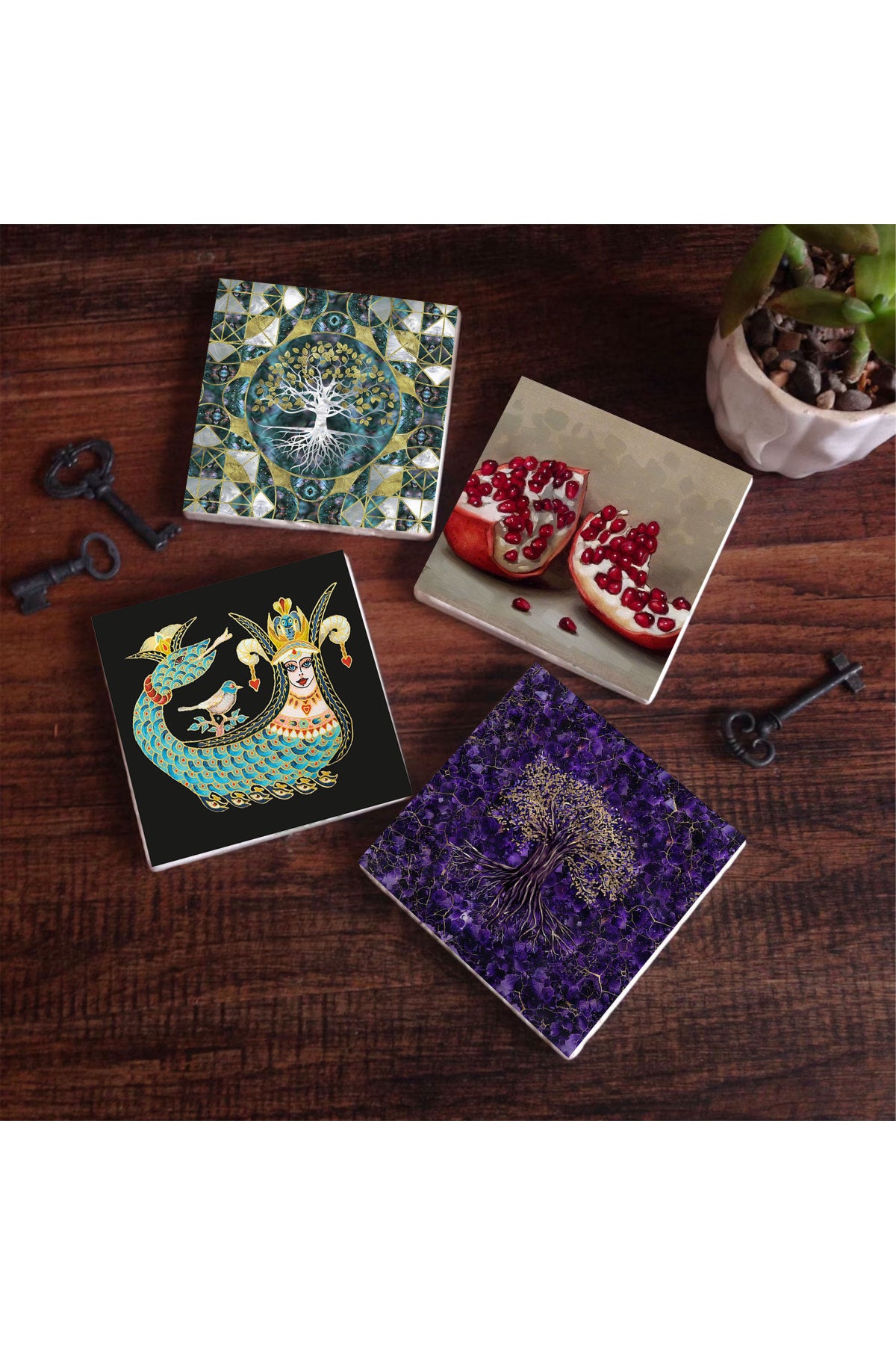 Pinecone Hayat Ağacı, Şahmeran, Nar Taş Bardak Altlığı Seti - 4 Parça - Dekoratif, Rustik Mutfak Aksesuarı, 10x10 cm, Kaydırmaz Tabanlı, Şık ve Dayanıklı SC483