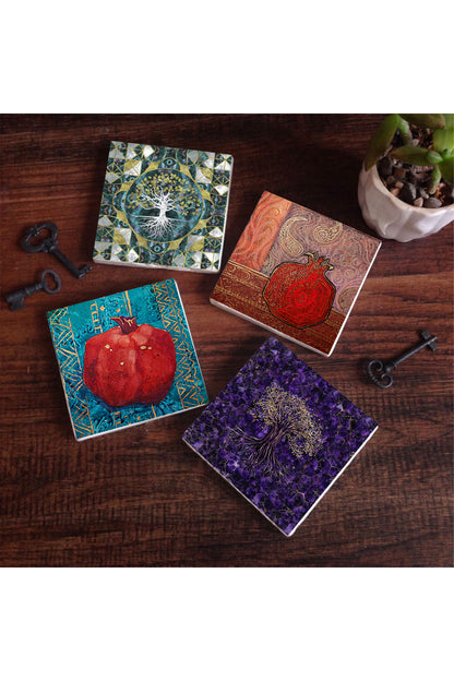 Pinecone Hayat Ağacı, Nar Taş Bardak Altlığı Seti - 4 Parça - Dekoratif, Rustik Mutfak Aksesuarı, 10x10 cm, Kaydırmaz Tabanlı, Şık ve Dayanıklı SC485