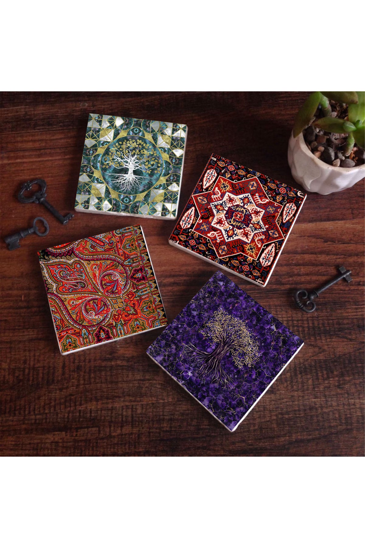 Pinecone Hayat Ağacı, Desen Taş Bardak Altlığı Seti - 4 Parça - Dekoratif, Rustik Mutfak Aksesuarı, 10x10 cm, Kaydırmaz Tabanlı, Şık ve Dayanıklı SC487