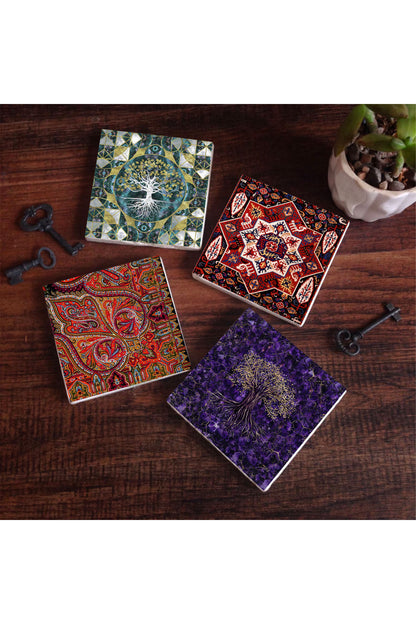 Pinecone Hayat Ağacı, Desen Taş Bardak Altlığı Seti - 4 Parça - Dekoratif, Rustik Mutfak Aksesuarı, 10x10 cm, Kaydırmaz Tabanlı, Şık ve Dayanıklı SC487