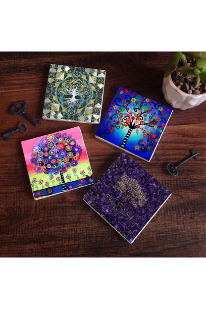 Pinecone Hayat Ağacı Taş Bardak Altlığı Seti - 4 Parça - Dekoratif, Rustik Mutfak Aksesuarı, 10x10 cm, Kaydırmaz Tabanlı, Şık ve Dayanıklı SC488