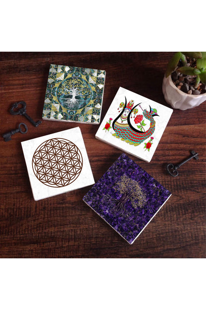 Pinecone Hayat Ağacı, Yaşam Çiçeği, Şahmeran Taş Bardak Altlığı Seti - 4 Parça - Dekoratif, Rustik Mutfak Aksesuarı, 10x10 cm, Kaydırmaz Tabanlı, Şık ve Dayanıklı SC490