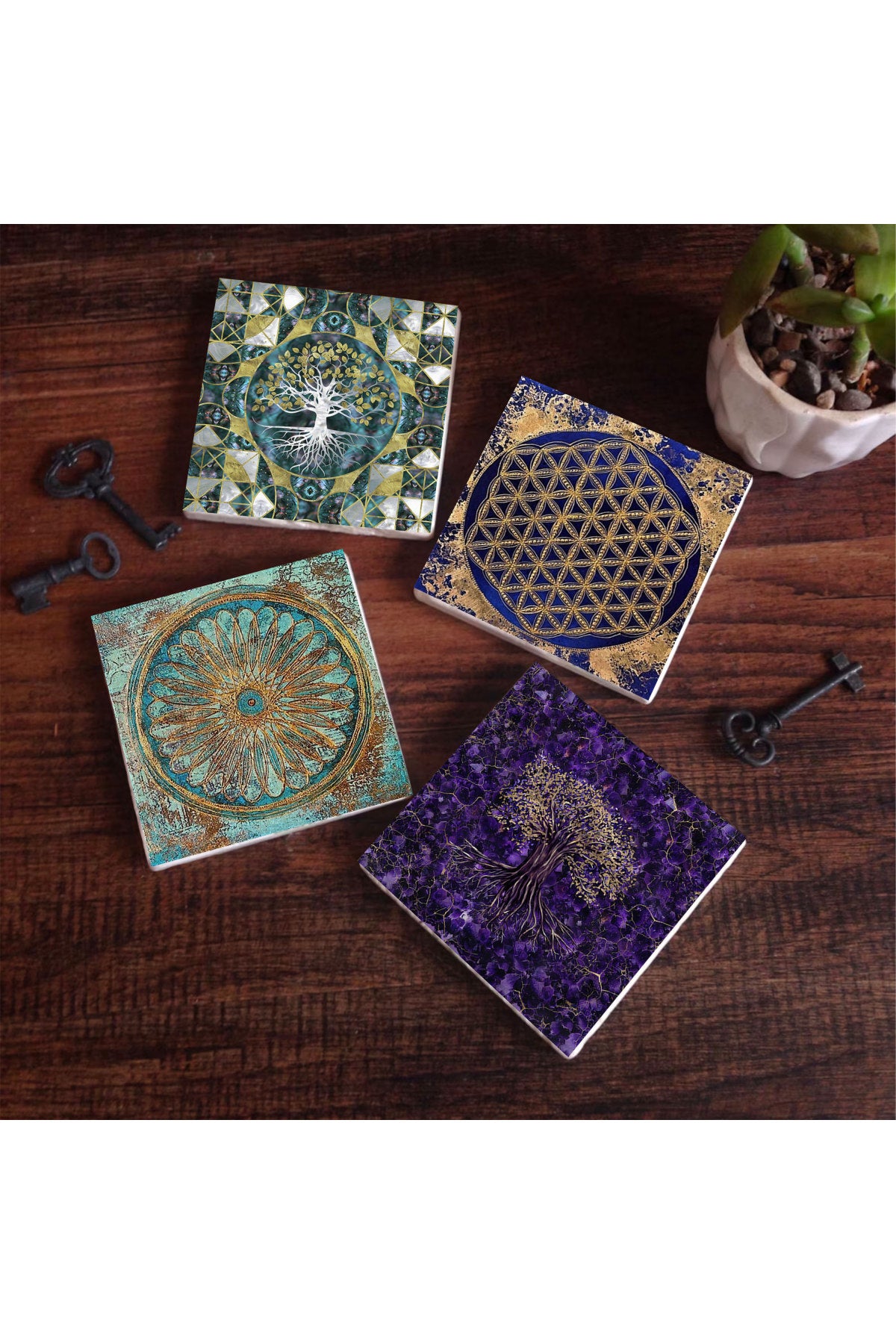 Pinecone Hayat Ağacı, Yaşam Çiçeği Taş Bardak Altlığı Seti - 4 Parça - Dekoratif, Rustik Mutfak Aksesuarı, 10x10 cm, Kaydırmaz Tabanlı, Şık ve Dayanıklı SC492