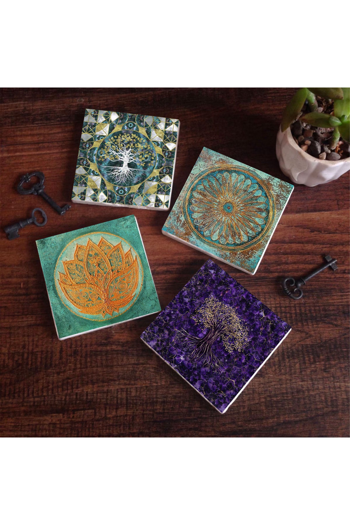 Pinecone Hayat Ağacı, Lotus Çiçeği, Yaşam Çiçeği Taş Bardak Altlığı Seti - 4 Parça - Dekoratif, Rustik Mutfak Aksesuarı, 10x10 cm, Kaydırmaz Tabanlı, Şık ve Dayanıklı SC493