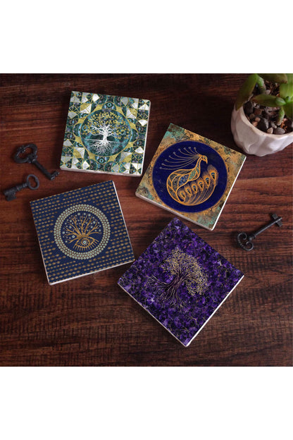 Pinecone Hayat Ağacı, Nazar, Tavus Kuşu Taş Bardak Altlığı Seti - 4 Parça - Dekoratif, Rustik Mutfak Aksesuarı, 10x10 cm, Kaydırmaz Tabanlı, Şık ve Dayanıklı SC494