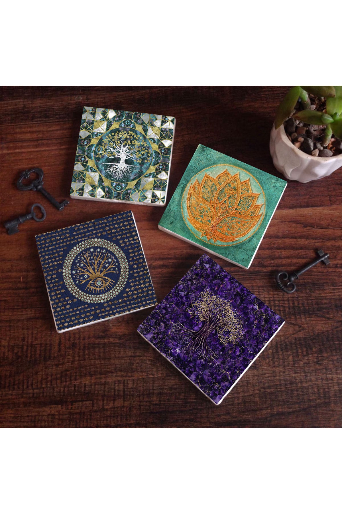 Pinecone Hayat Ağacı, Nazar, Lotus Çiçeği Taş Bardak Altlığı Seti - 4 Parça - Dekoratif, Rustik Mutfak Aksesuarı, 10x10 cm, Kaydırmaz Tabanlı, Şık ve Dayanıklı SC495