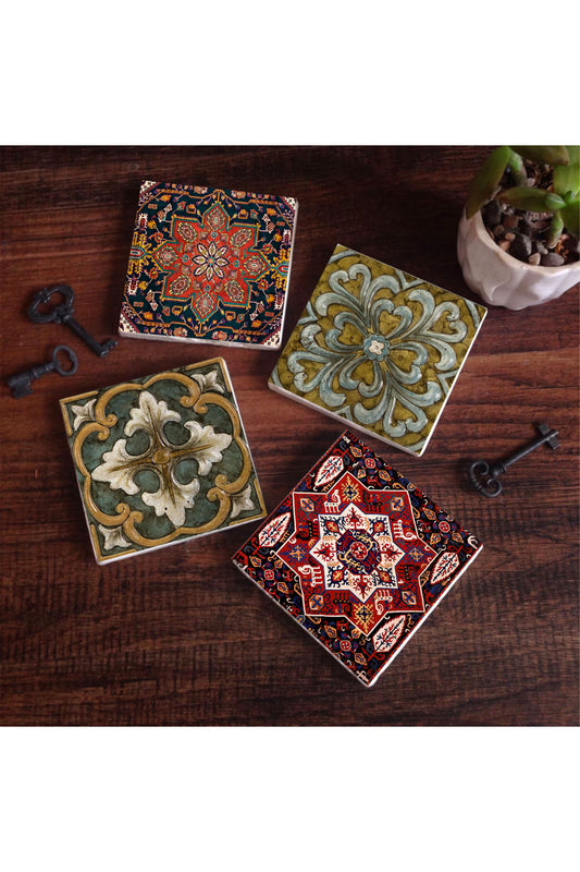 Pinecone Desen Taş Bardak Altlığı Seti - 4 Parça - Dekoratif, Rustik Mutfak Aksesuarı, 10x10 cm, Kaydırmaz Tabanlı, Şık ve Dayanıklı SC498