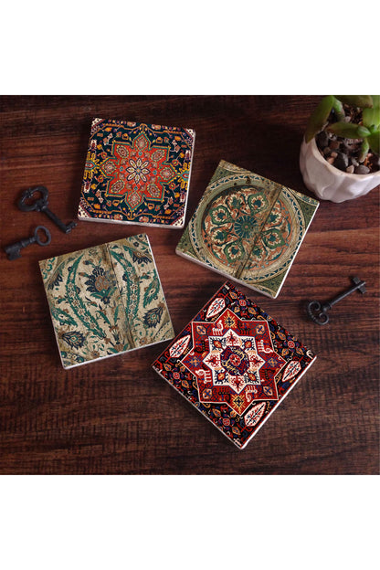 Pinecone Vintage Desen Taş Bardak Altlığı Seti - 4 Parça - Dekoratif, Rustik Mutfak Aksesuarı, 10x10 cm, Kaydırmaz Tabanlı, Şık ve Dayanıklı SC499