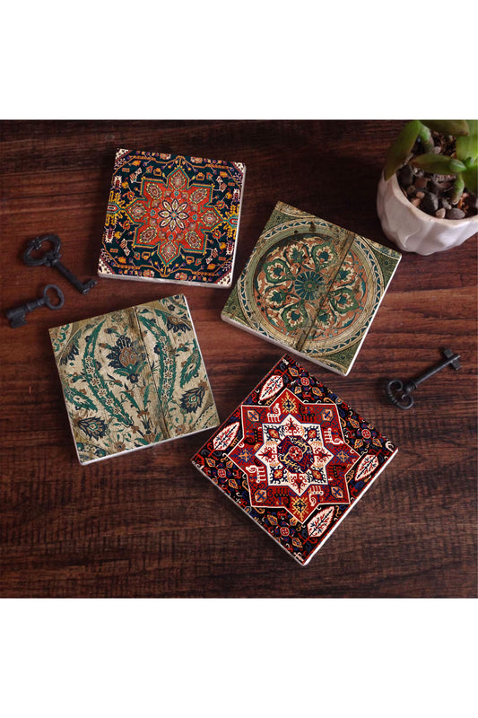 Pinecone Vintage Desen Taş Bardak Altlığı Seti - 4 Parça - Dekoratif, Rustik Mutfak Aksesuarı, 10x10 cm, Kaydırmaz Tabanlı, Şık ve Dayanıklı SC499