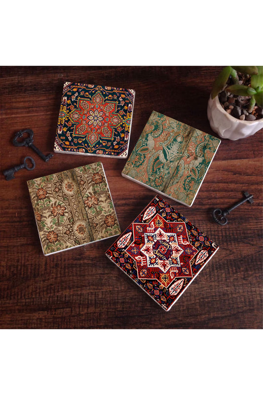 Pinecone Vintage Desen Taş Bardak Altlığı Seti - 4 Parça - Dekoratif, Rustik Mutfak Aksesuarı, 10x10 cm, Kaydırmaz Tabanlı, Şık ve Dayanıklı SC500